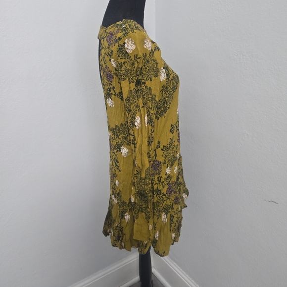 Free People Smooth Talker Floral Tunic Bohemian Flowy Dress Mustard Yellow Sz S - Picture 5 of 7
